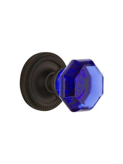 Rope Rosette Door Set with Colored Waldorf Crystal Glass Knobs Cobalt Blue in Oil-Rubbed Bronze.